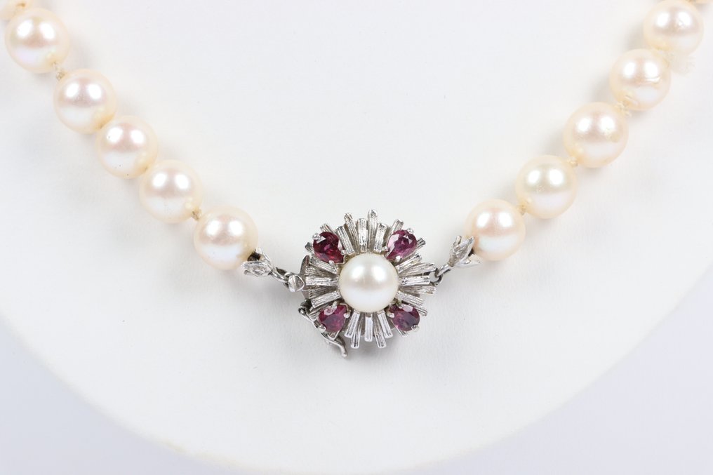 Collier - 18 carats Or blanc Perle - Rubis #2.1