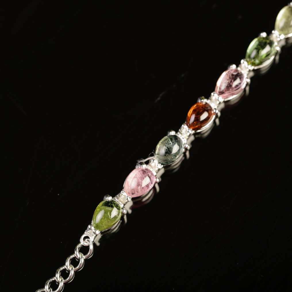 Tennis Bracelets with Natural Gemstones Silver Bracelet with Multicolor Tourmaline Pears - Height: 195 mm - Width: 5 mm- 9 g #1.0