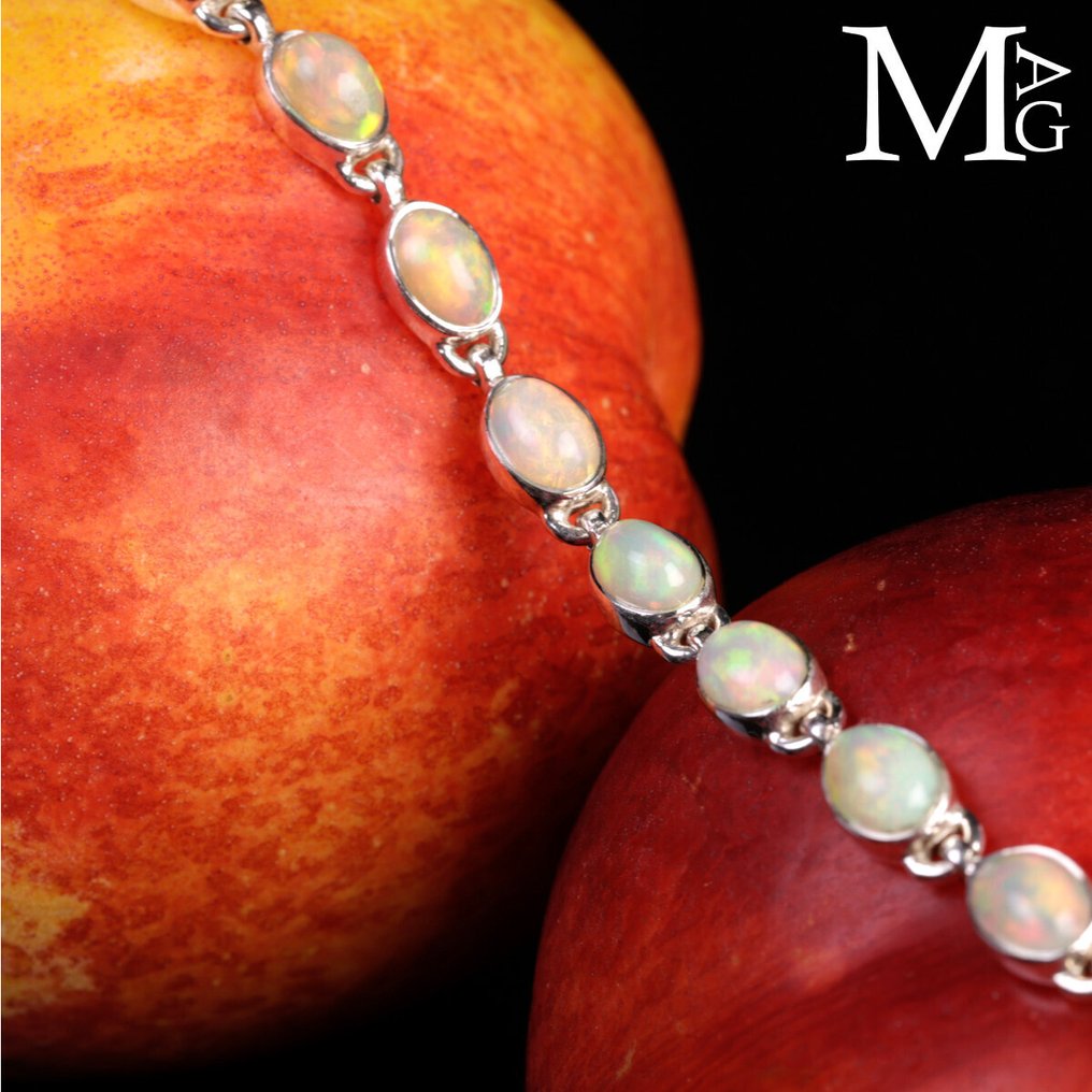 网球手链配天然宝石 纯银手链配埃塞俄比亚欧泊宝石 - 高度: 195 mm - 闊度: 6 mm- 10 g #1.0