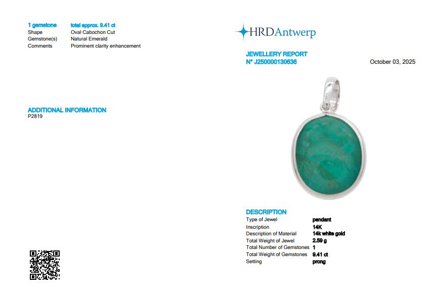 Κρεμαστό κόσμημα - 14 καράτια Λευκός χρυσός -  9.41ct. tw. Σμαράγδι - Αυθεντικό κρεμαστό με σμαράγδι. #2.1