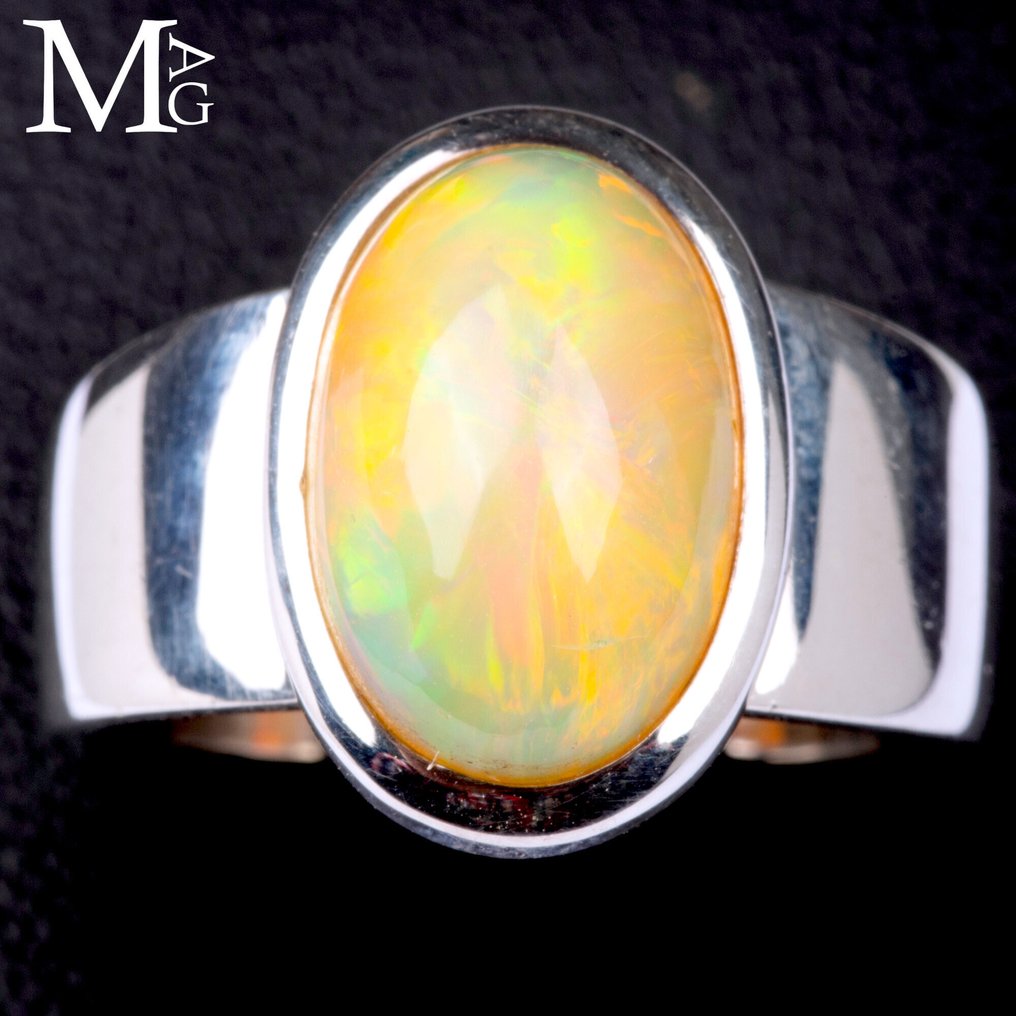 天然欧泊黄绿色反射橙色闪光 戒指配埃塞俄比亚Welo欧泊 - 高度: 26.2 mm - 闊度: 20 mm- 6 g #1.0