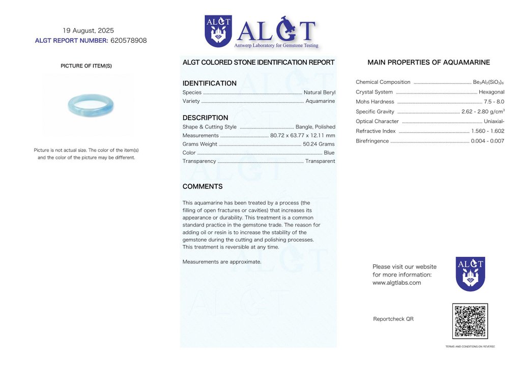 ALGT Certified - Large and Highly Exclusive Natural Aquamarine Bangle - Unmatched clarity in its most natural form- 50.24 g #2.1