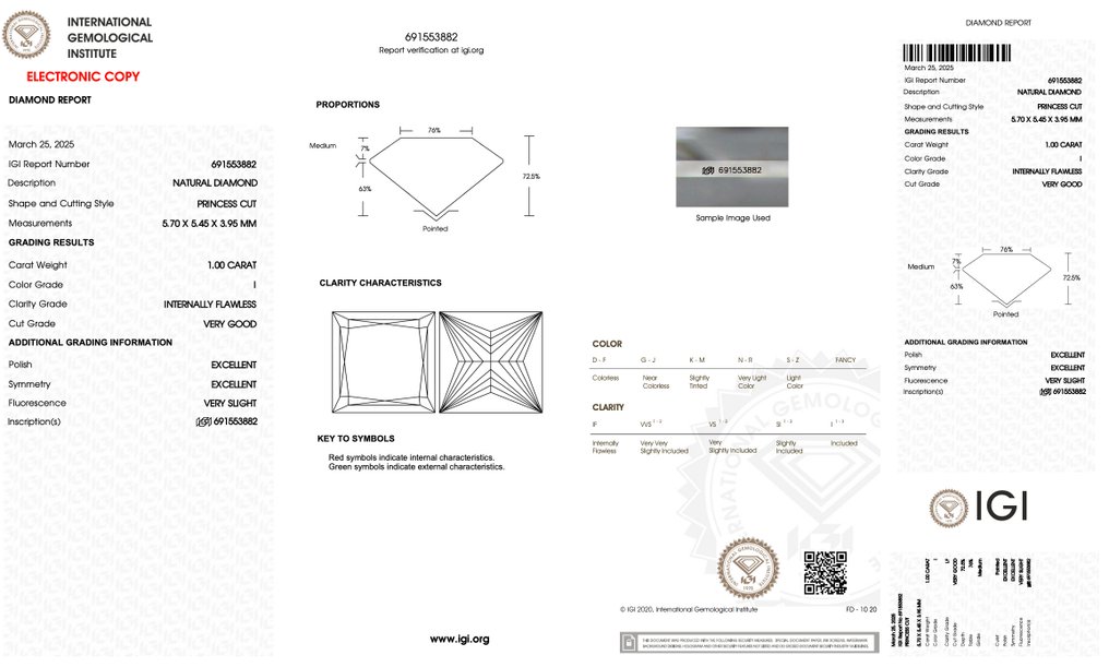 1 pcs 鑽石  (天然)  - 1.00 ct - 方形 - I(極微黃、正面看為白色) - IF - 國際寶石學院（International Gemological Institute (IGI)） - 炫目的钻石 #2.1