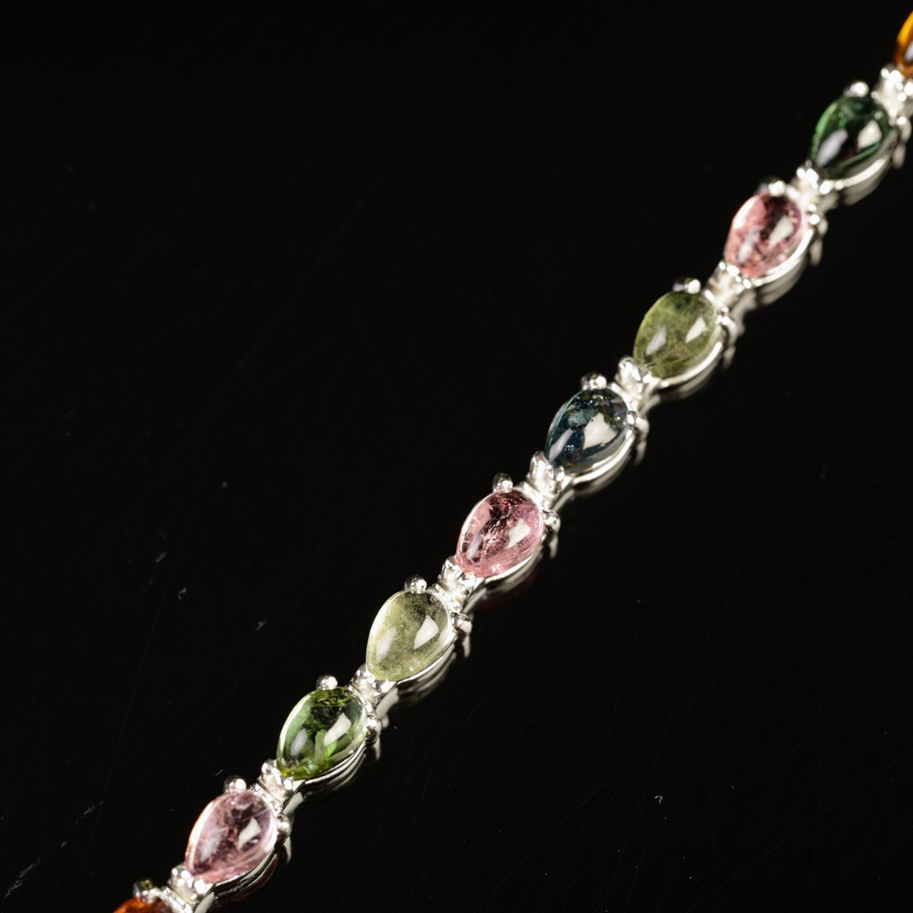 Tennis Bracelets with Natural Gemstones Silver Bracelet with Multicolor Tourmaline Pears - Height: 195 mm - Width: 5 mm- 9 g #4.3