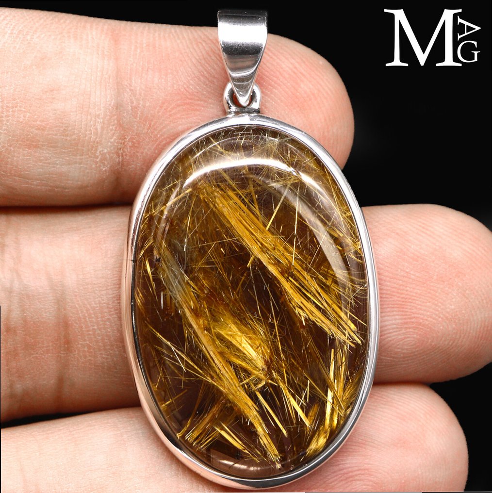 Näyttävät neulamaiset rutile-inclusions Rutiloitu kvartsikivi – Enkelten kivi - Korkeus: 50 mm - Leveys: 27 mm- 16 g #1.0