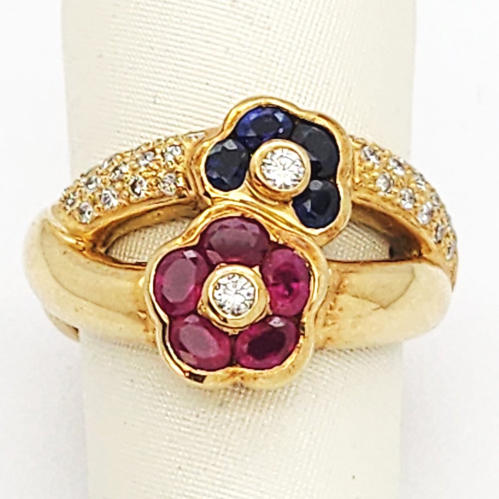 Δαχτυλίδι - 18 καράτια Κίτρινο χρυσό -  0.23ct. tw. Διαμάντι (Φυσικό)  - Ρουμπίνι - ζαφείρια #1.0