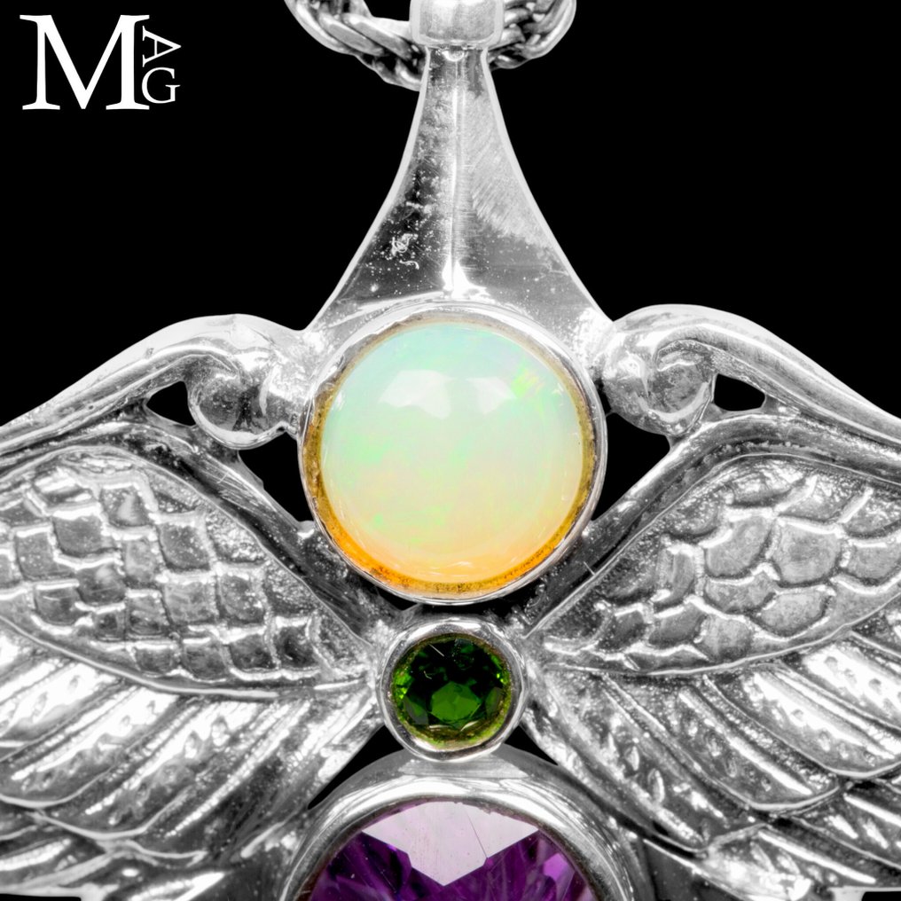 Angel Wings Jewelry - Spirituality and Eclecticism of Life. Angel Wings Pendant – Opal, Tourmaline, Amethyst, and Quartz - Height: 62 mm - Width: 58 mm- 17 g #4.3