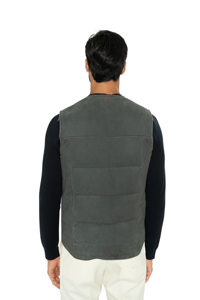 RRP 4200€ ISAIA NAPOLI Slate Green Padded Vest Jacket Lambskin Leather - 48 IT - Gilet - New with tags #1.0