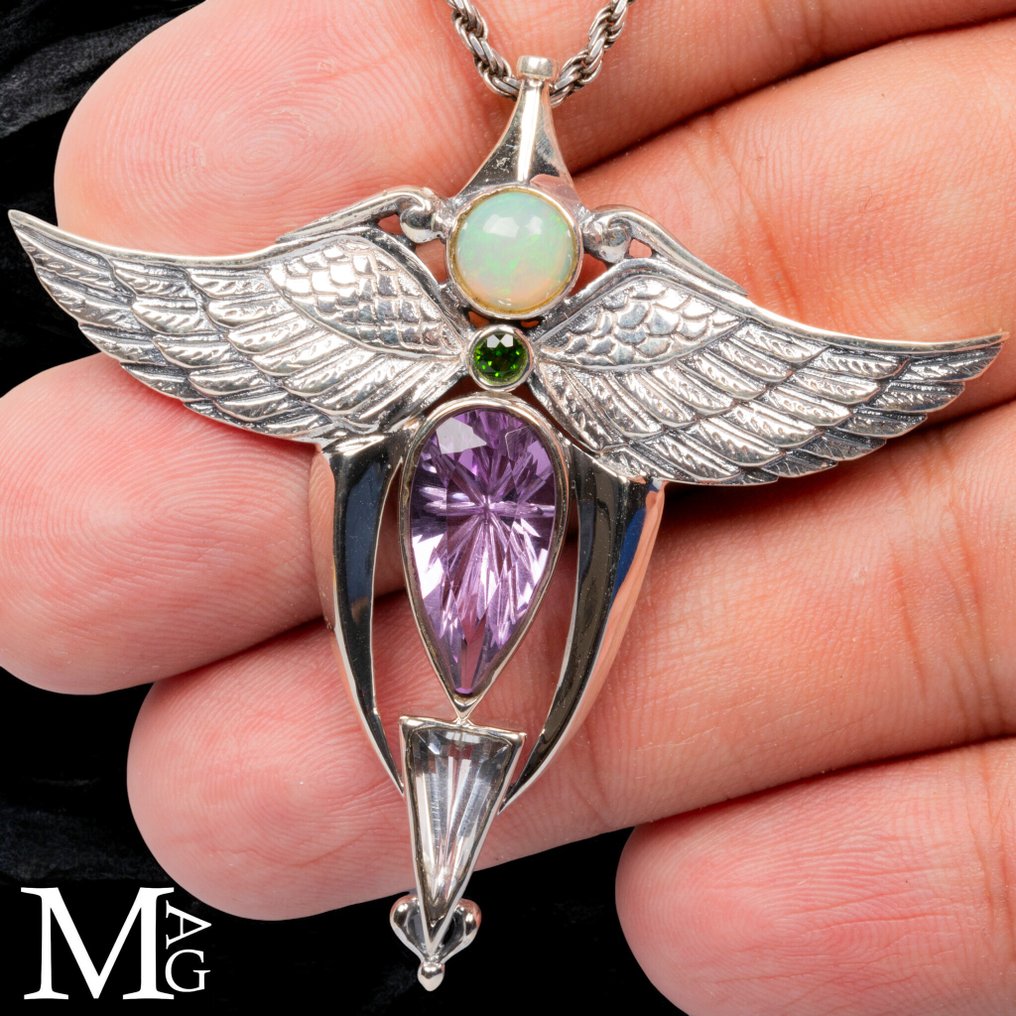 Angel Wings Jewelry - Spirituality and Eclecticism of Life. Angel Wings Pendant – Opal, Tourmaline, Amethyst, and Quartz - Height: 62 mm - Width: 58 mm- 17 g #1.0