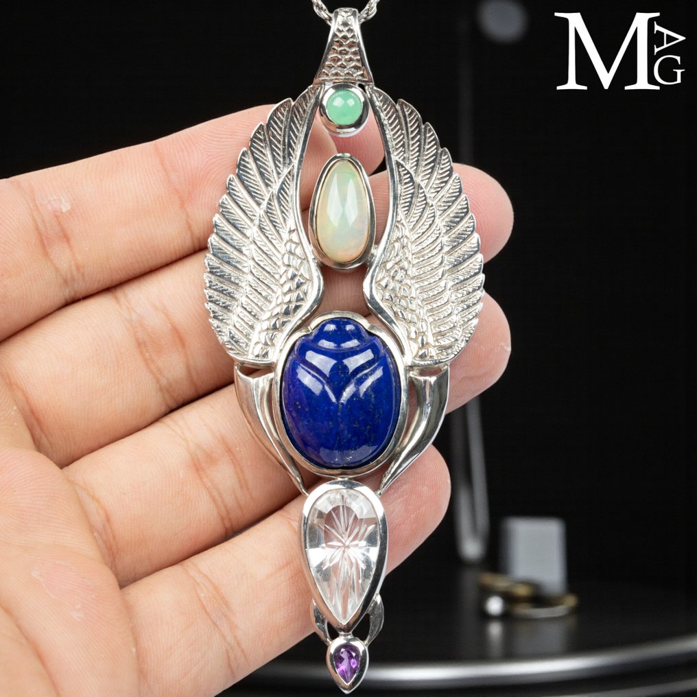 Spirituality and Eclecticism of Life Pharaonic Pendant – Lapis Lazuli, Quartz, Ethiopian Opal, Chrysoprase, and Amethyst - Height: 105 mm - Width: 43 mm- 50 g #1.0