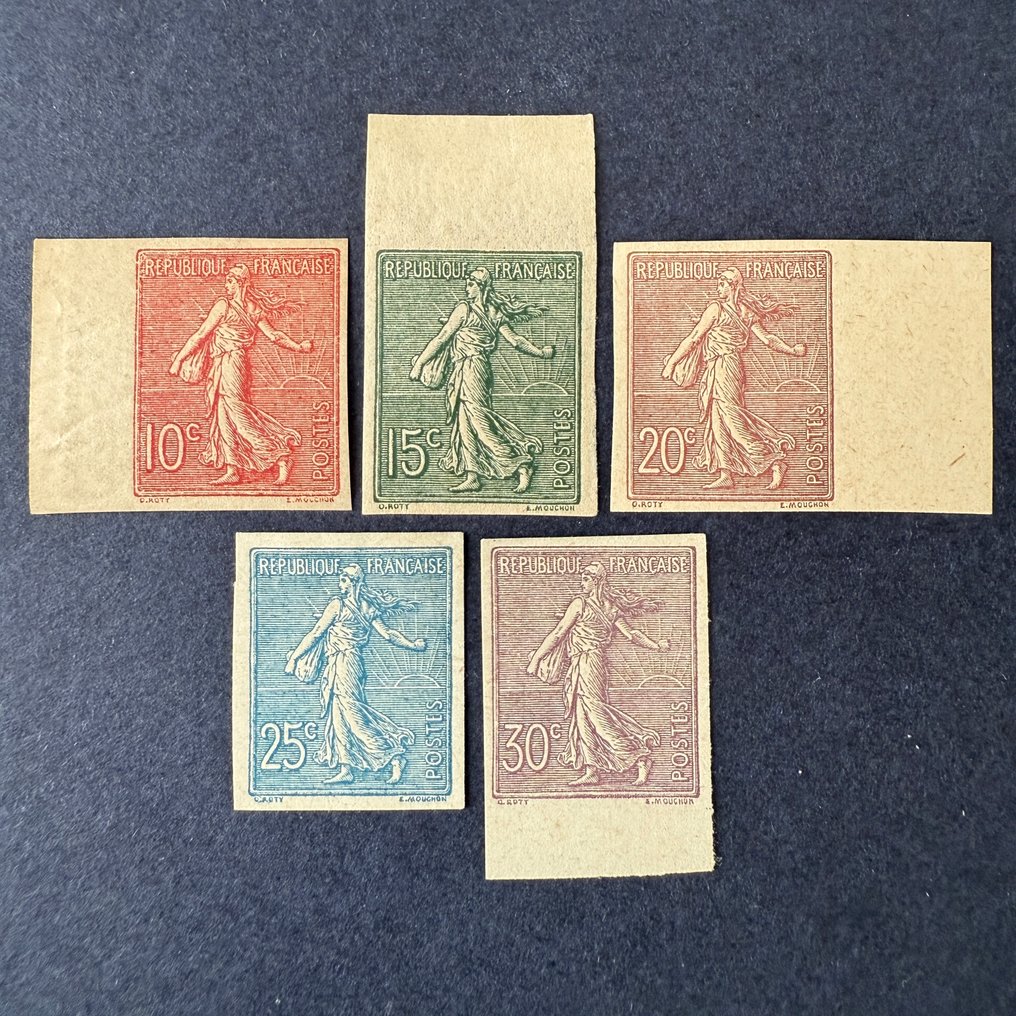 法國  - Yvert 129/133 "Semeuses lignées" 非齿孔全新品 - 极好（包括 Brun 签名） #1.0