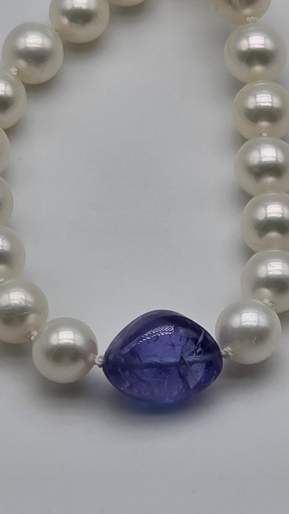 没有保留价 - 项链 - 18K包金 白金 珍珠 - 坦桑石 - 7到7.5毫米的珍珠阿夸 #4.3