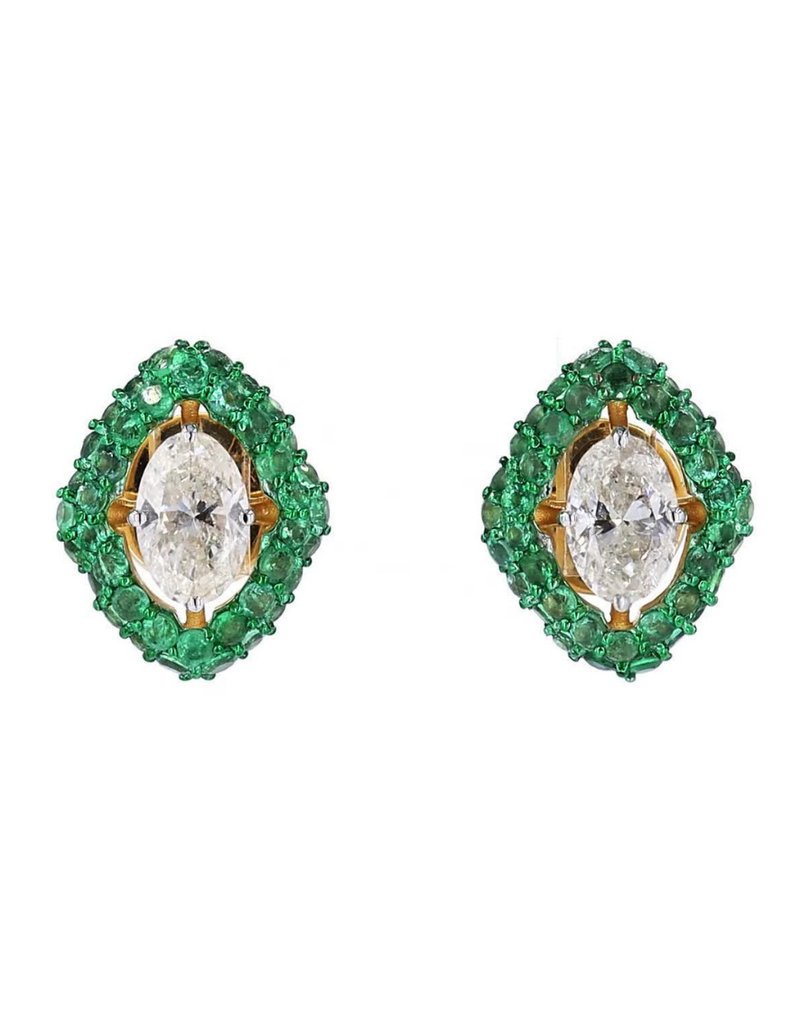 Καρφωτά σκουλαρίκια - 14 καράτια Κίτρινο χρυσό - 1.98ct. tw. Διαμάντι (Φυσικό) - Σμαράγδι - Σκουλαρίκια με πράσινο πολύτιμο λίθο #1.0