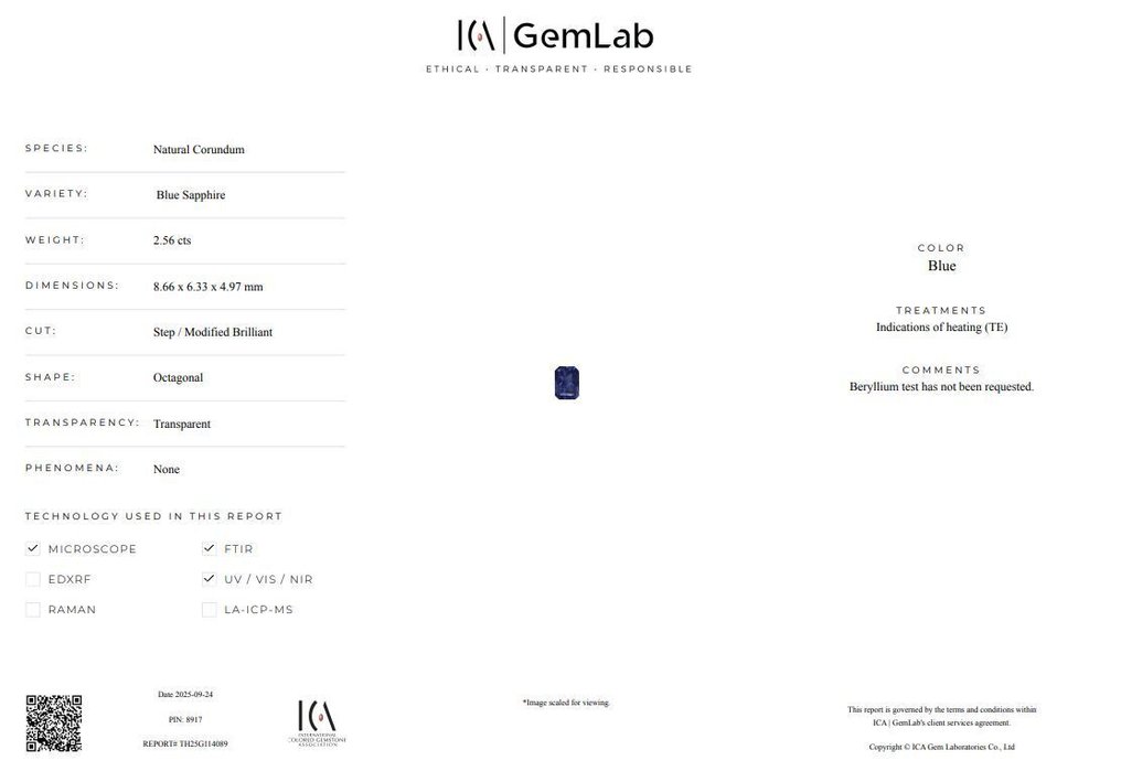 1 pcs  Blå Safir  - 2.56 ct - Internasjonal forening for fargede edelstener (ICA GemLab) #3.2