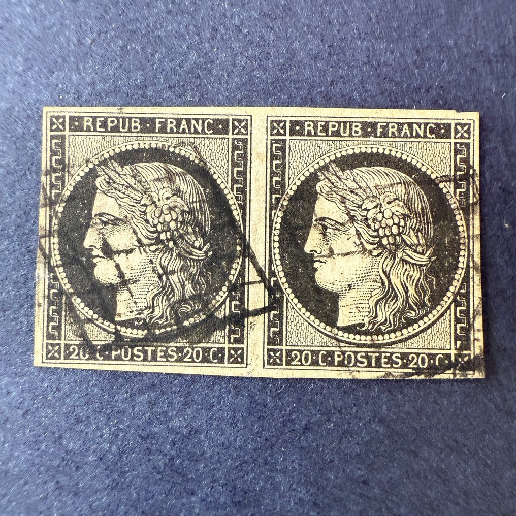 France - Yvert 3 'Ceres 20c black' in pair, canceled - Very good condition. #1.0