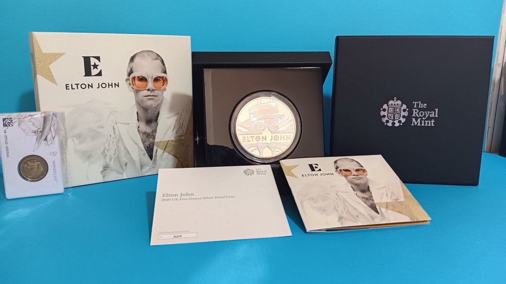 Ηνωμένο Βασίλειο. 10 Pounds Moneta Argento  10 poinds proof  2020 Elton John, 5 Oz #4.3