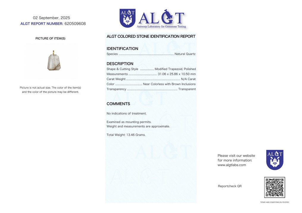 Pendentif en quartz rutile naturel certifié ALGT - grand et très exclusif Remarquable pour sa clarté exceptionnellement éclatante.- 13.46 g #2.1