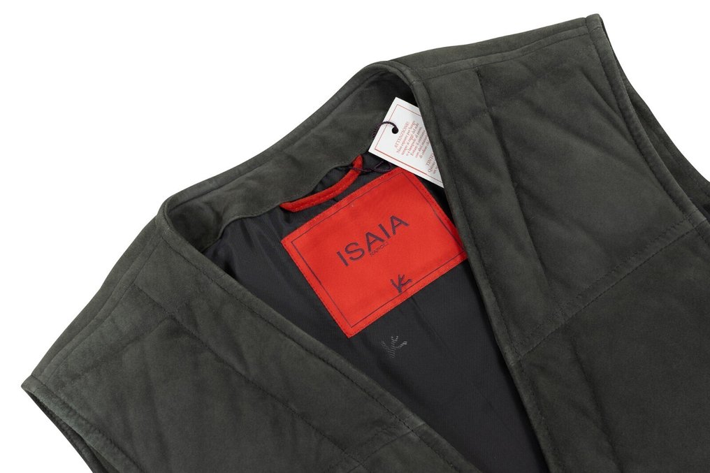 RRP 4200€ ISAIA NAPOLI Slate Green Padded Vest Jacket Lambskin Leather - 48 IT - Gilet - New with tags #3.2