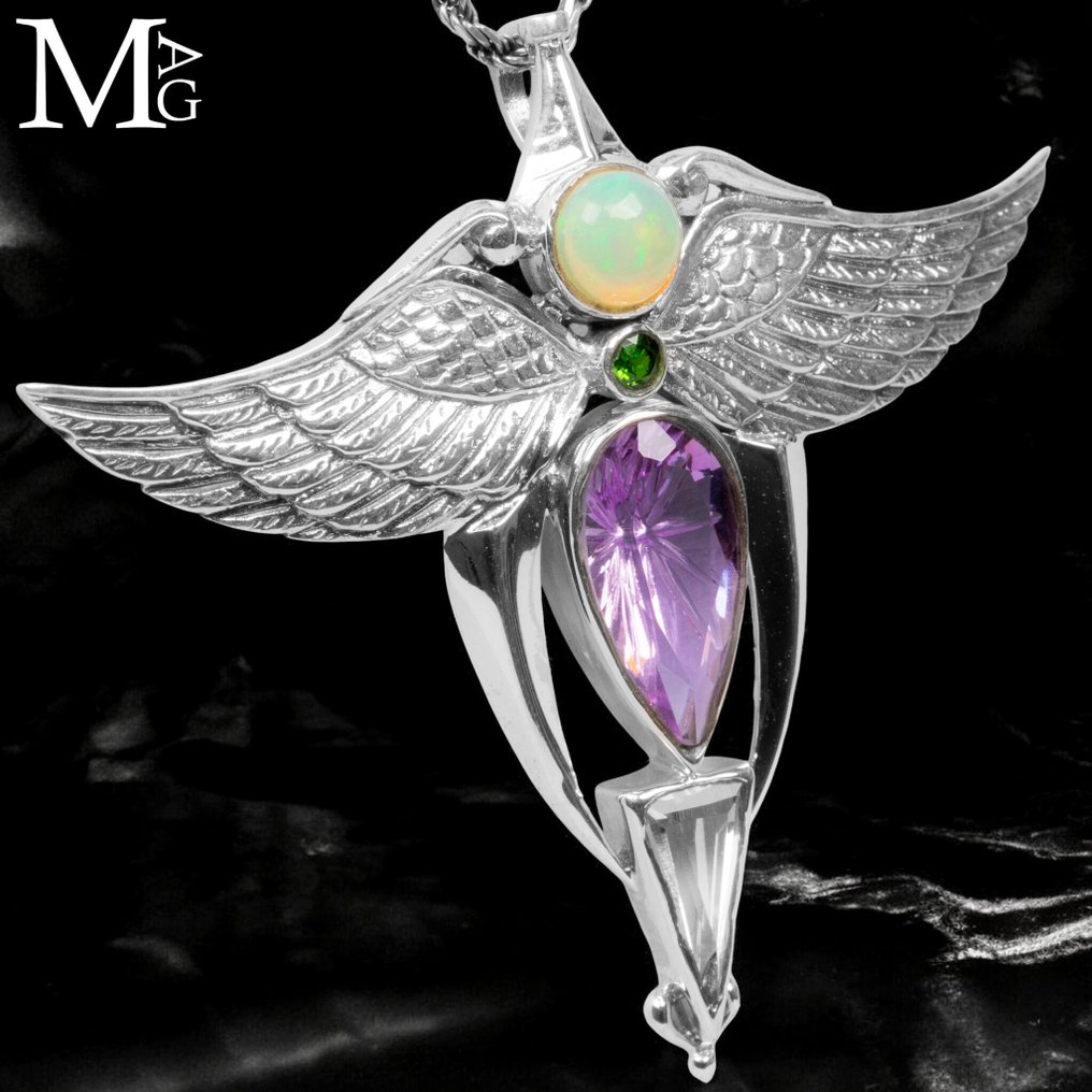Angel Wings Jewelry - Spirituality and Eclecticism of Life. Angel Wings Pendant – Opal, Tourmaline, Amethyst, and Quartz - Height: 62 mm - Width: 58 mm- 17 g #3.2