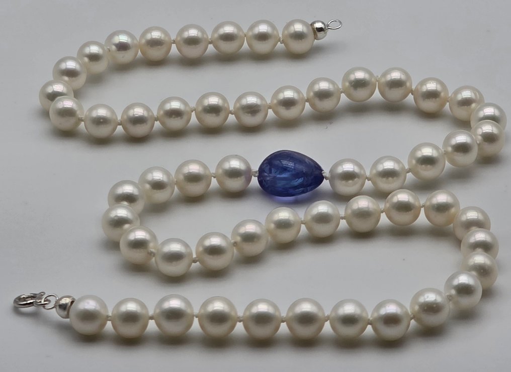 没有保留价 - 项链 - 18K包金 白金 珍珠 - 坦桑石 - 7到7.5毫米的珍珠阿夸 #2.1