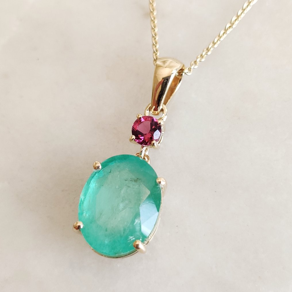 Függő - 14 kt. Sárga arany -  5.35ct. tw. Smaragd - Turmalin - Természetes smaragd medál #1.0