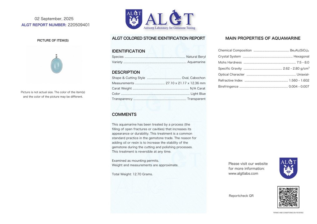 无底价 - ALGT 认证 - 大型且极为独特的天然海蓝宝石吊坠 来自大自然的极其清晰的发现- 12.7 g #2.1