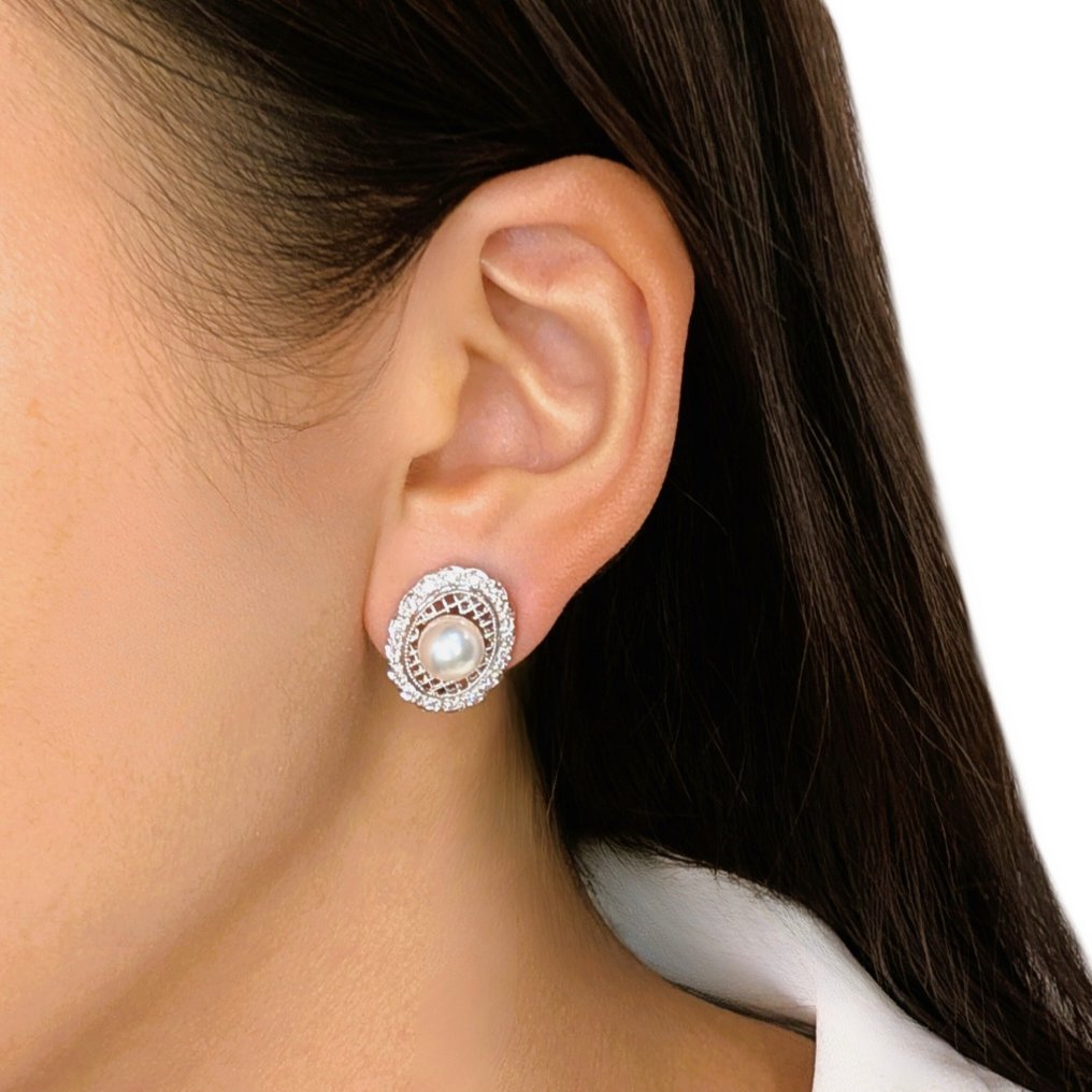 耳環 - 18 克拉 白金 - 0.19ct. tw. 珍珠 - 鉆石 #1.0