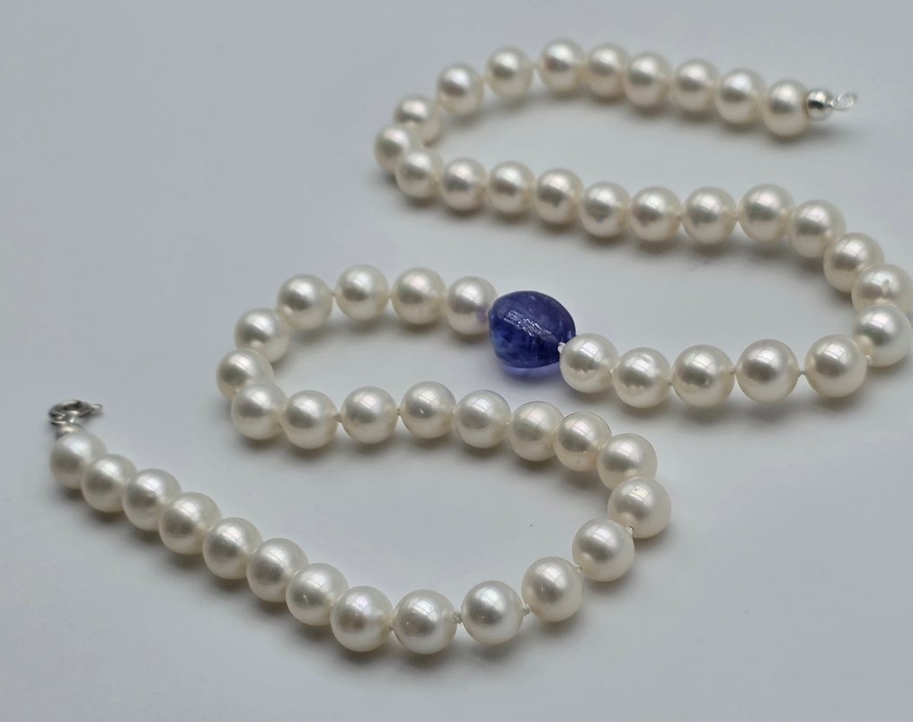 没有保留价 - 项链 - 18K包金 白金 珍珠 - 坦桑石 - 7到7.5毫米的珍珠阿夸 #1.0