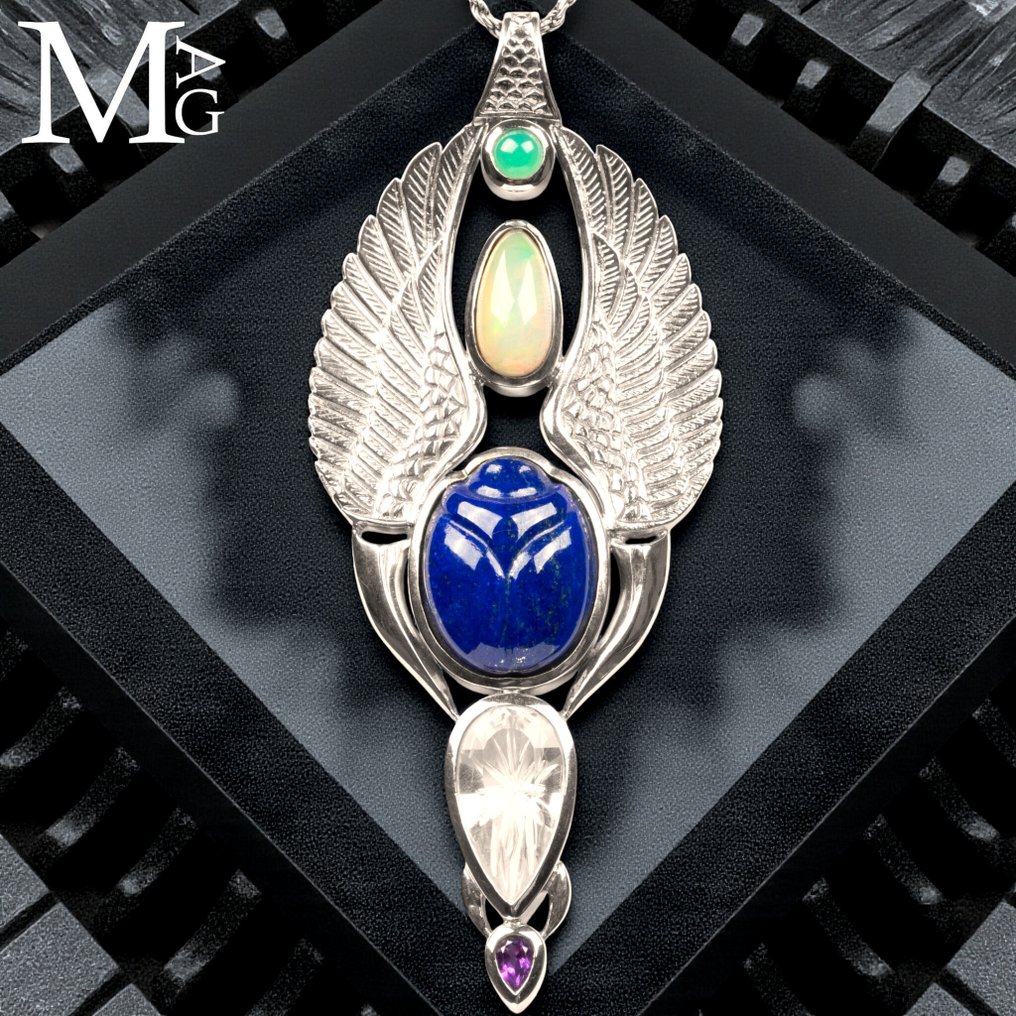 Spirituality and Eclecticism of Life Pharaonic Pendant – Lapis Lazuli, Quartz, Ethiopian Opal, Chrysoprase, and Amethyst - Height: 105 mm - Width: 43 mm- 50 g #1.0