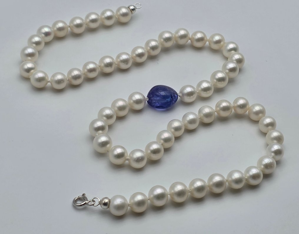 没有保留价 - 项链 - 18K包金 白金 珍珠 - 坦桑石 - 7到7.5毫米的珍珠阿夸 #3.2