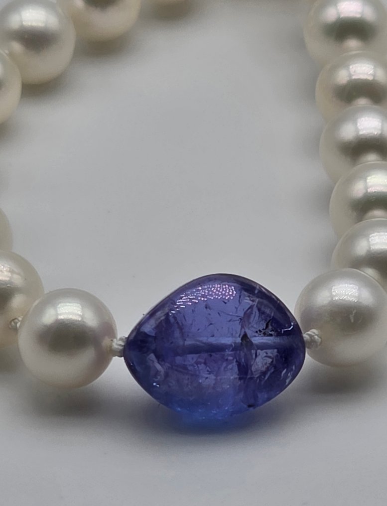 没有保留价 - 项链 - 18K包金 白金 珍珠 - 坦桑石 - 7到7.5毫米的珍珠阿夸 #1.0