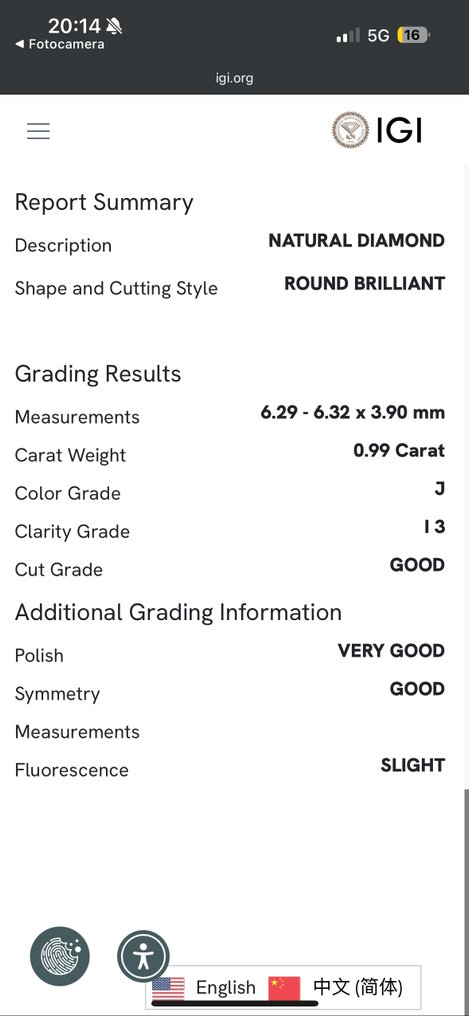1 pcs Diamond (Natural) - 0.99 ct - Round - J - I3 - International Gemological Institute (IGI) #1.0