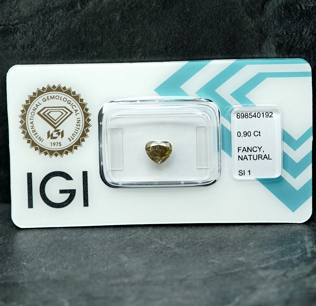 1 pcs 钻石  (天然色彩的)  - 0.90 ct - 心形 - Fancy 稍帶灰色的 黄色 - SI1 微内含一级 - 国际宝石研究院（IGI） #1.0