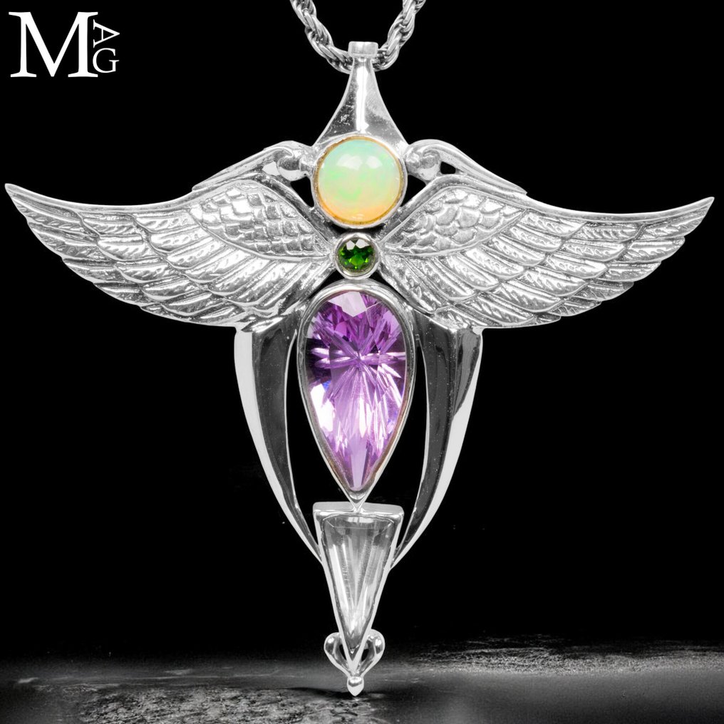 Angel Wings Jewelry - Spirituality and Eclecticism of Life. Angel Wings Pendant – Opal, Tourmaline, Amethyst, and Quartz - Height: 62 mm - Width: 58 mm- 17 g #1.0