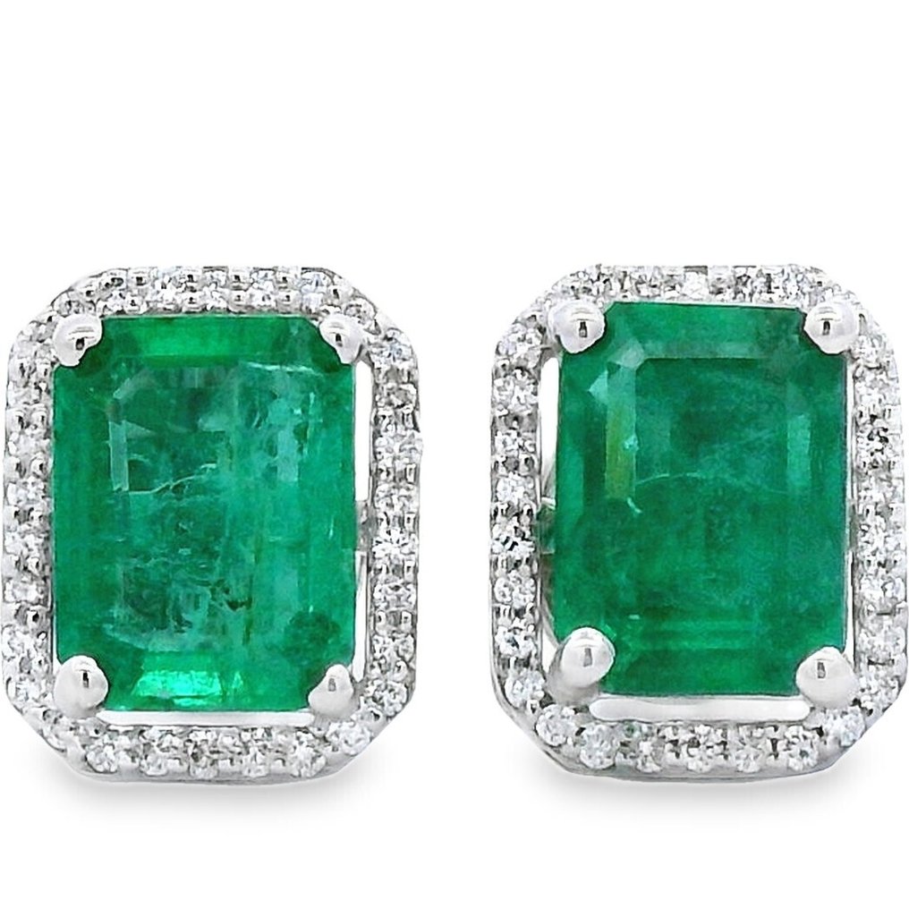 Zonder minimumprijs - Oorstekers - 18 karaat Witgoud - 3.25ct. tw. Smaragd - Diamant #1.0
