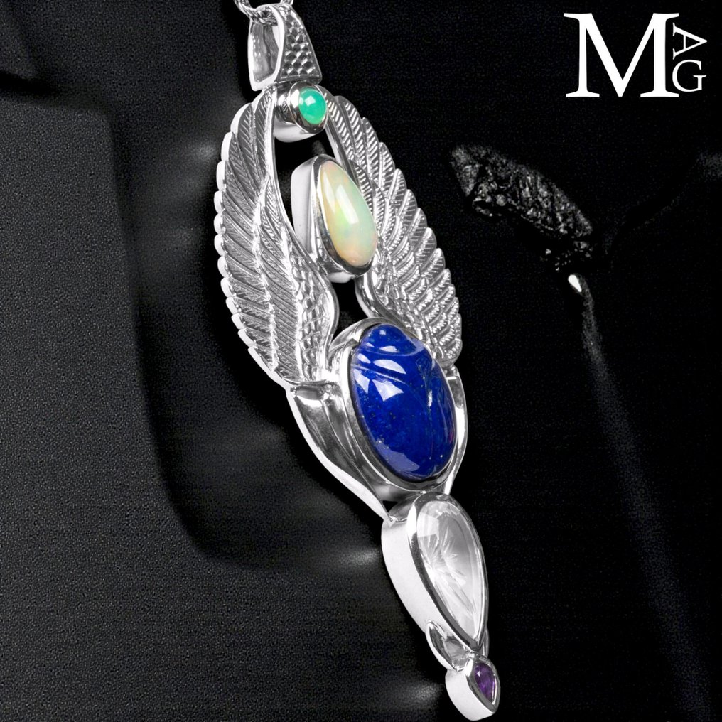 Spirituality and Eclecticism of Life Pharaonic Pendant – Lapis Lazuli, Quartz, Ethiopian Opal, Chrysoprase, and Amethyst - Height: 105 mm - Width: 43 mm- 50 g #3.2