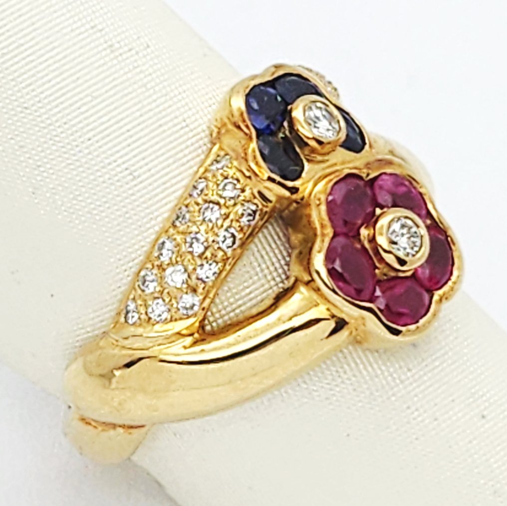 Δαχτυλίδι - 18 καράτια Κίτρινο χρυσό -  0.23ct. tw. Διαμάντι (Φυσικό)  - Ρουμπίνι - ζαφείρια #1.0