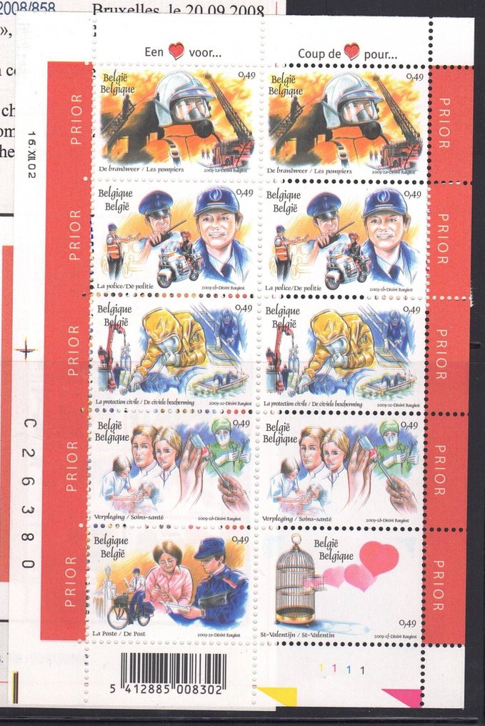 Βέλγιο 2002 - Λάθος κομμένο φύλλο 10, όπου η αριστερή άκρη με την ημερομηνία εκτύπωσης και τον αριθμό φύλλου είναι - OBP 3150/3155 #1.0