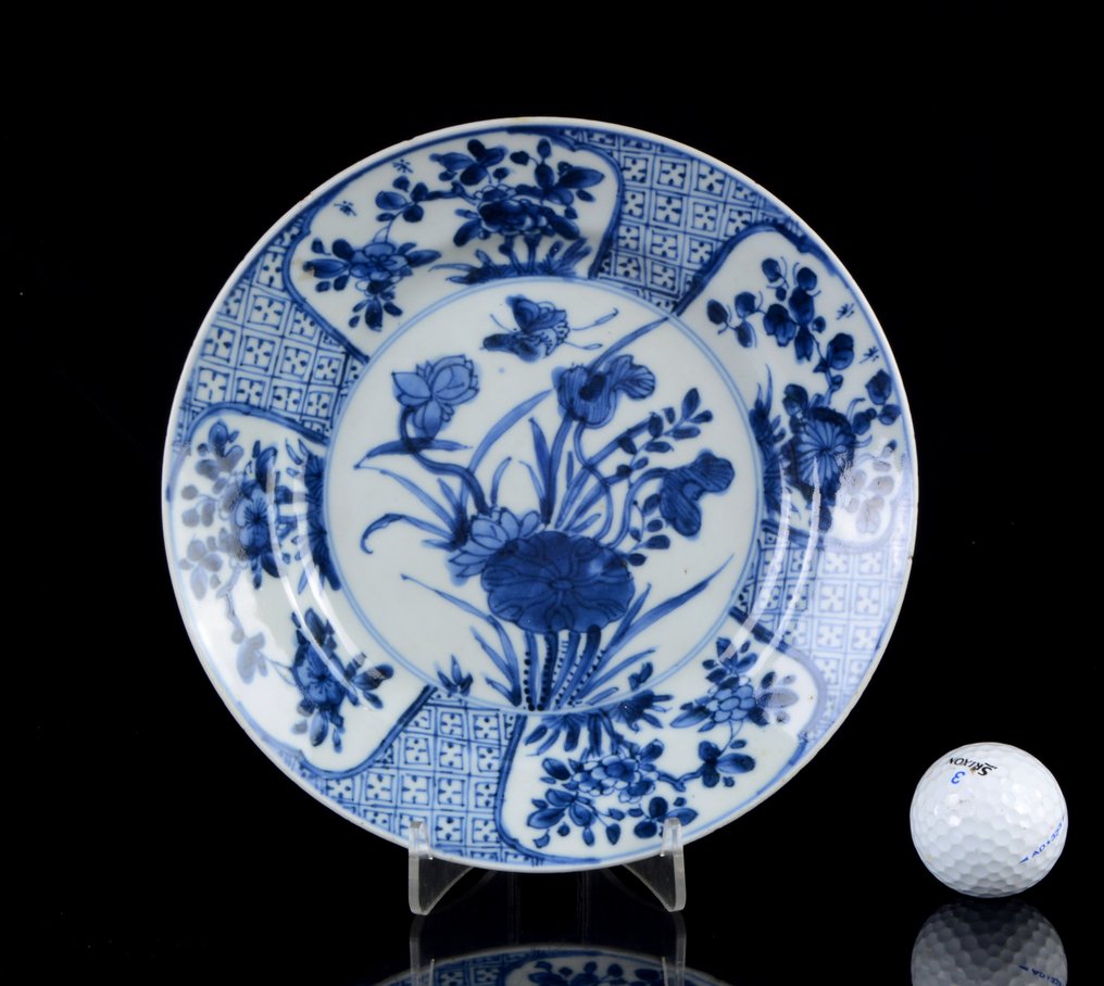 Kiinalainen sininen ja valkoinen 'Vesikasvit' -lautanen - Posliini - Kiina - Qing-dynastia (大清), Kangxi-kausi (1662–1722, 康熙), 1600- ja 1700-luvuilla. #1.0