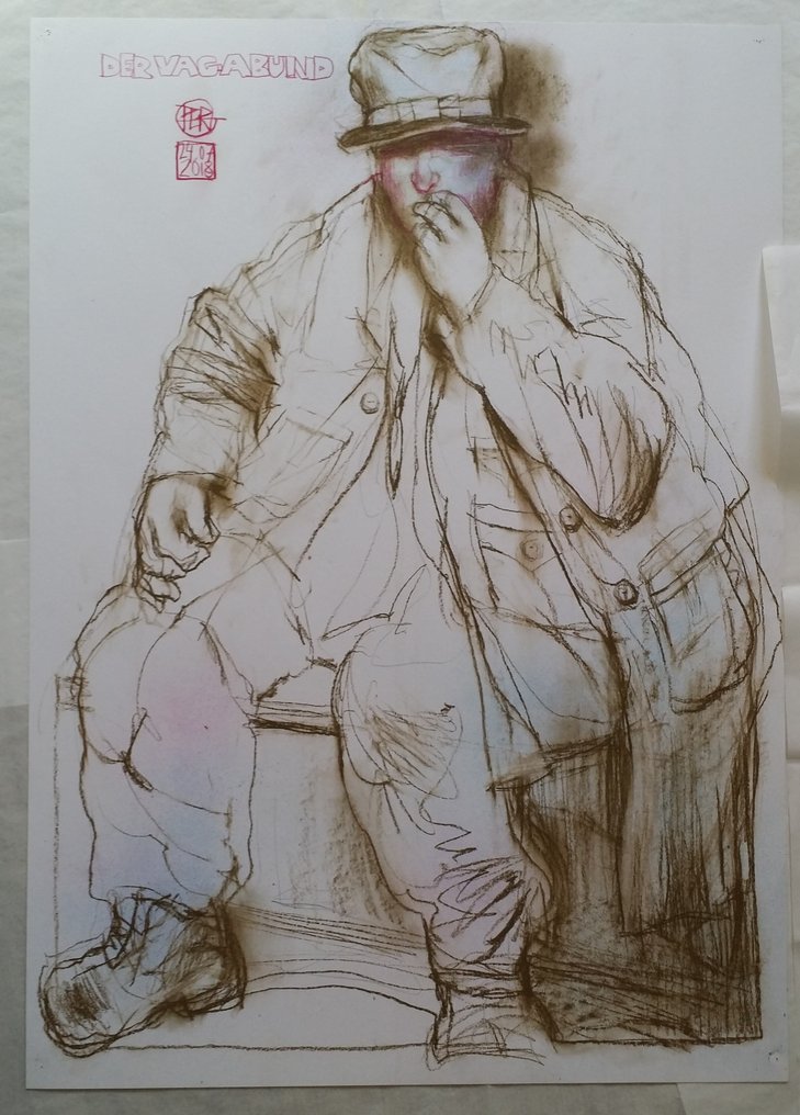 Per Gernhardt (1941) - Der Vagabund - unique hand-signed drawing. #3.2