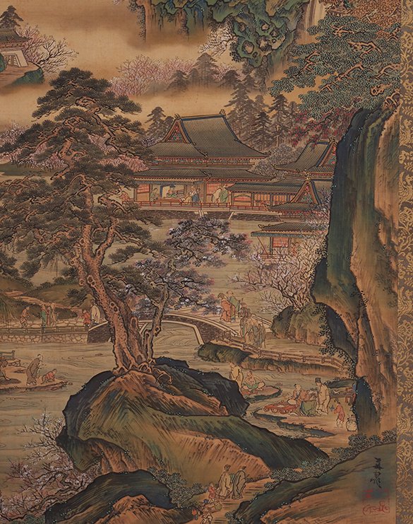 令人惊叹的风景，伴有宫殿和学者，签名——包括题词的托木箱。 - 絲 - Tani Buncho (1763-1840) - 日本 - 江戶時代晚期 #3.2