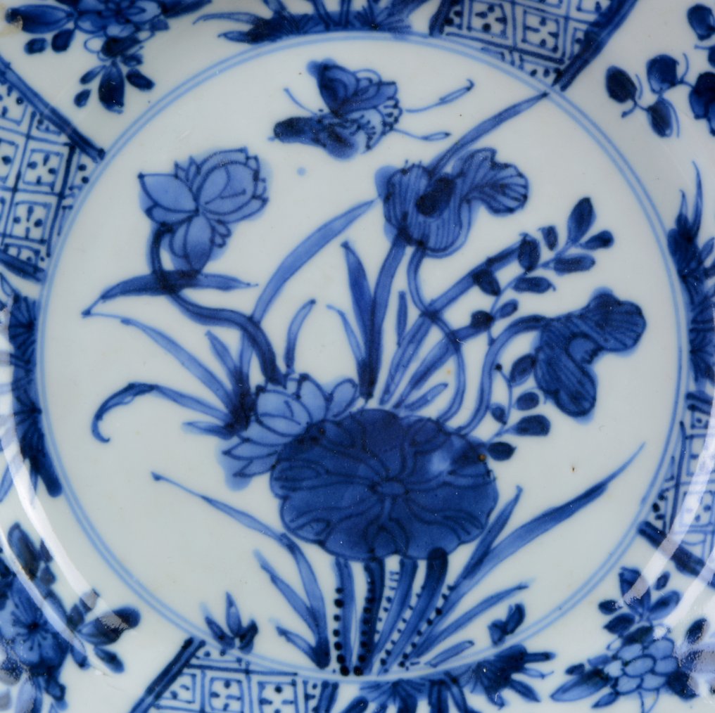 Kiinalainen sininen ja valkoinen 'Vesikasvit' -lautanen - Posliini - Kiina - Qing-dynastia (大清), Kangxi-kausi (1662–1722, 康熙), 1600- ja 1700-luvuilla. #4.3