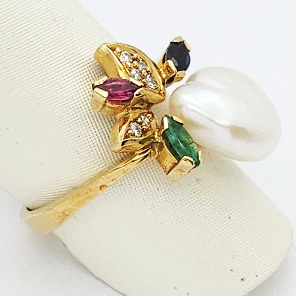 Δαχτυλίδι - 18 καράτια Κίτρινο χρυσό - 0.06ct. tw. Διαμάντι (Φυσικό) - Ζαφείρι - Perla #1.0