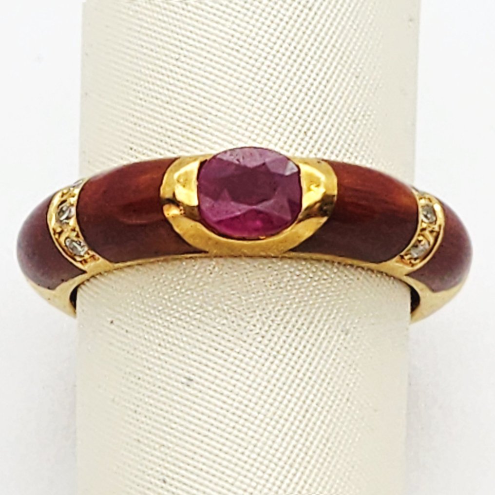 Bague - 18 carats Or jaune -  0.35ct. tw. Rubis - Diamant #1.0