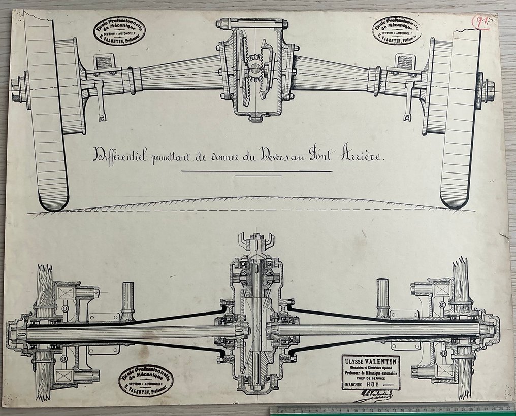 Ulysse Valentin - Originele technische tekening – “Différentiel permettant de donner du devers au pont arrière” c1920 #1.0
