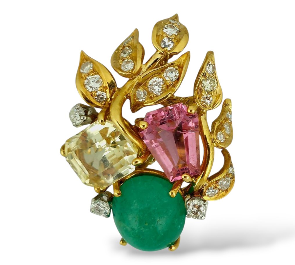 David Webb - Σκουλαρίκια - 18 καράτια Λευκός χρυσός, Κίτρινο χρυσό, David Webb 18k Κίτρινο Χρυσό Σκουλαρίκια με Σμαράγδι και Τουρμαλίνη 13.18Ct - 1.63ct. tw. Διαμάντι (Φυσικό) #1.0