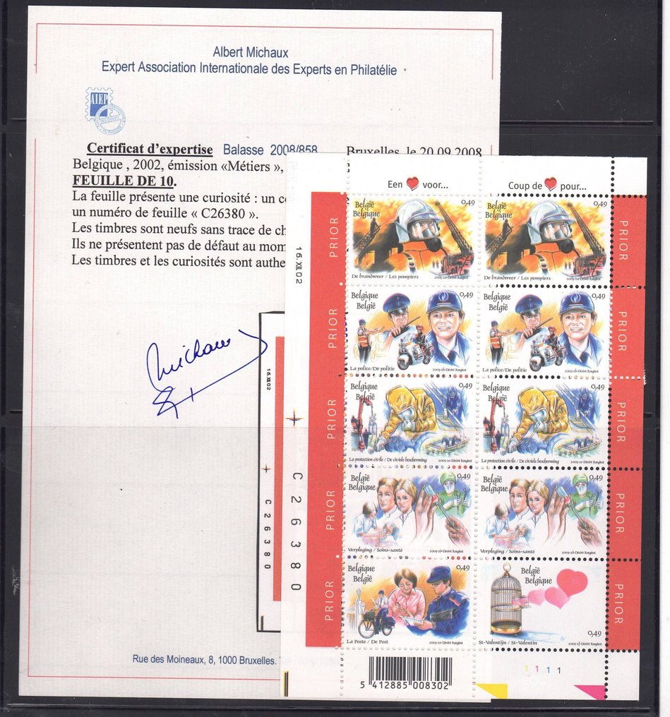 Βέλγιο 2002 - Λάθος κομμένο φύλλο 10, όπου η αριστερή άκρη με την ημερομηνία εκτύπωσης και τον αριθμό φύλλου είναι - OBP 3150/3155 #1.0