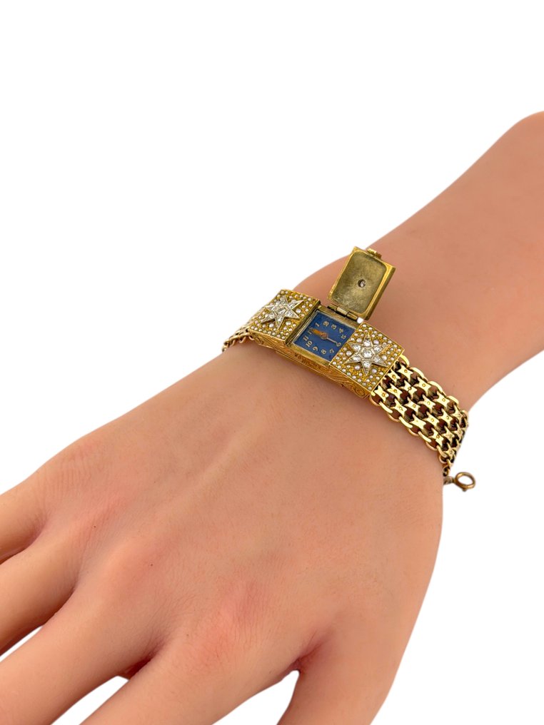 Βραχιόλι - 14 καράτια Κίτρινο χρυσό, Ρολόι από 14K κίτρινο χρυσό και βραχιόλι με μπλε σμάλτο και διαμάντι 0,27 καρατίων. -  0.27ct. tw. Διαμάντι (Φυσικό)  #3.2
