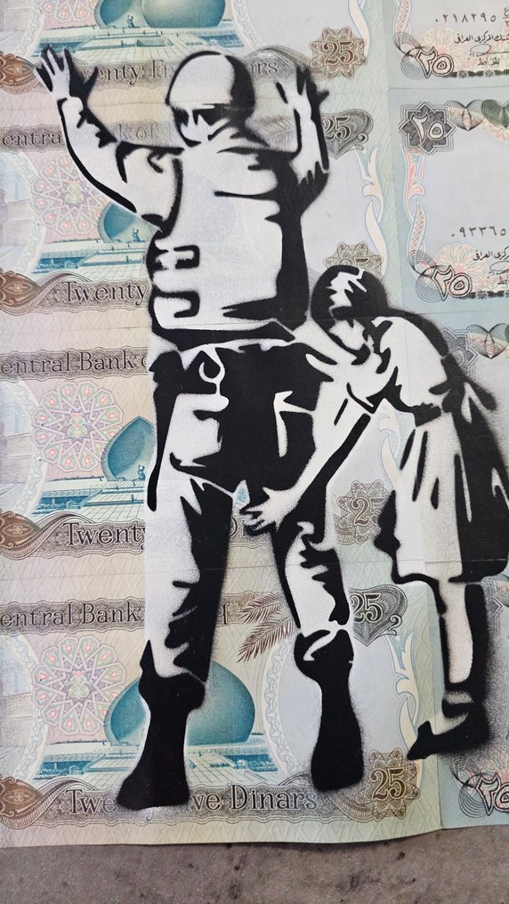 Jinks Kunst - Tribute to Banksy on 8 Iraqi banknotes (Saddam Hussein) #2.1