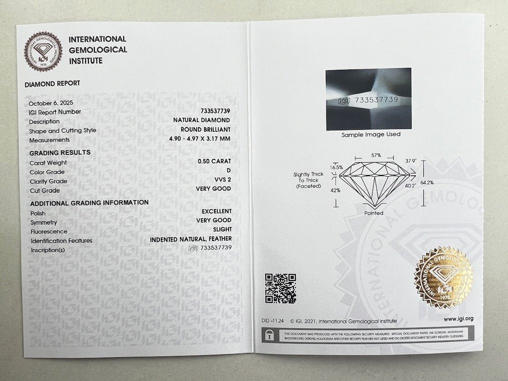 1 pcs Diamant (Natural) - 0.50 ct - Rotund - D (fără culoare) - VVS2 - IGI (Institutul gemologic internațional) #3.2